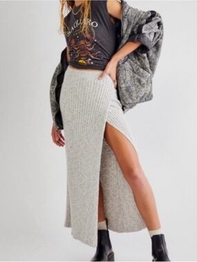 Free People Grey Ribbed Maxi Skirt with High Side Slit